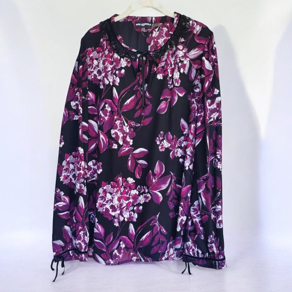 Karl Lagerfeld Black & Wine Floral Tunic Top Sz XL
